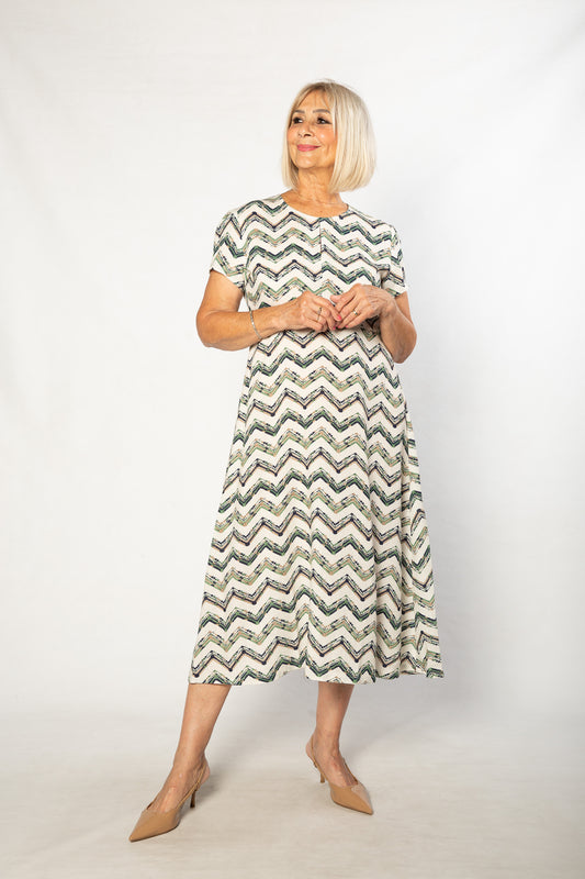 Cotton blend Key-hole zig zag print  Dress with short sleeve 7250 Green