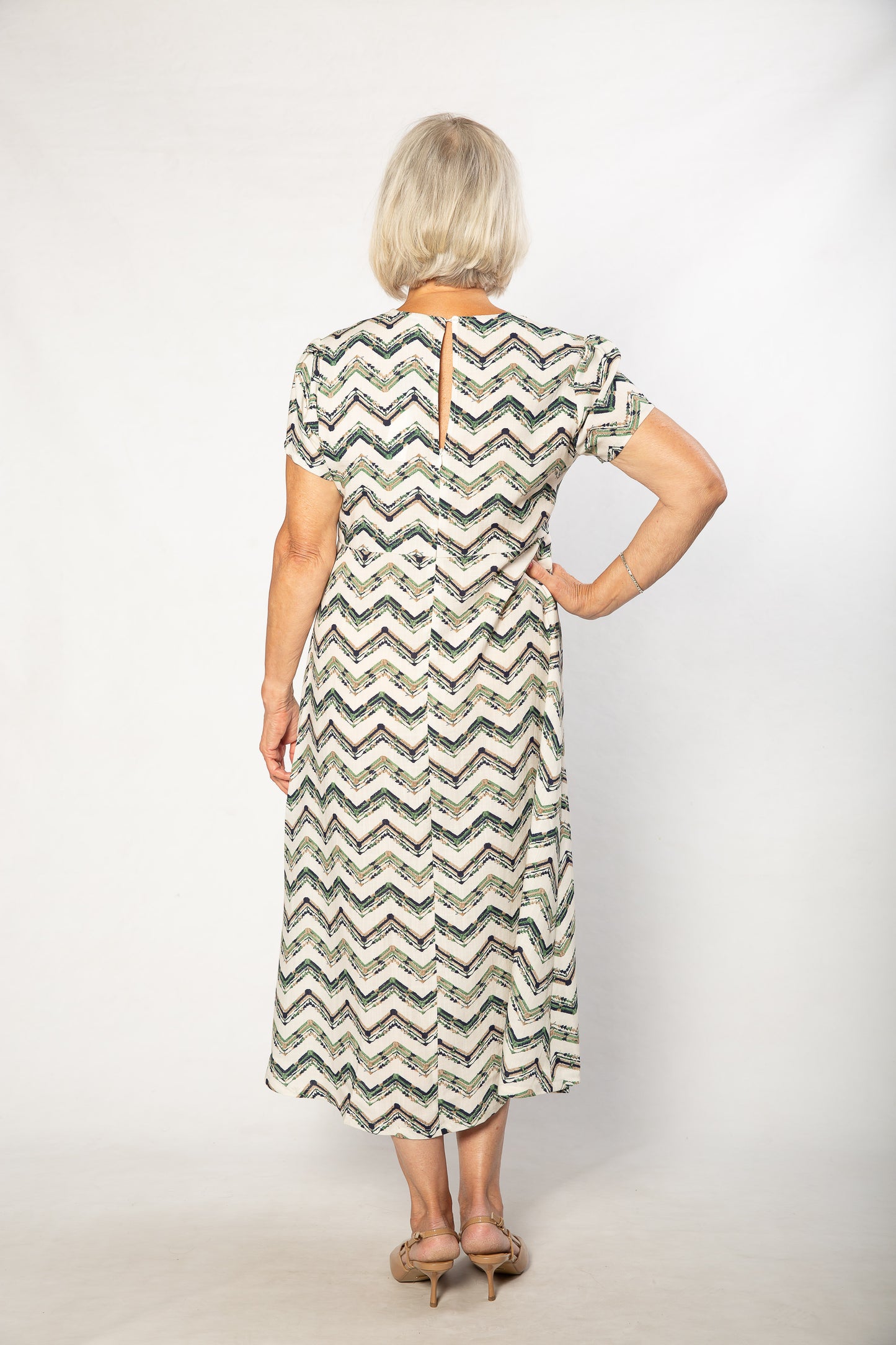 Cotton blend Key-hole zig zag print Dress with short sleeve 7250 Green