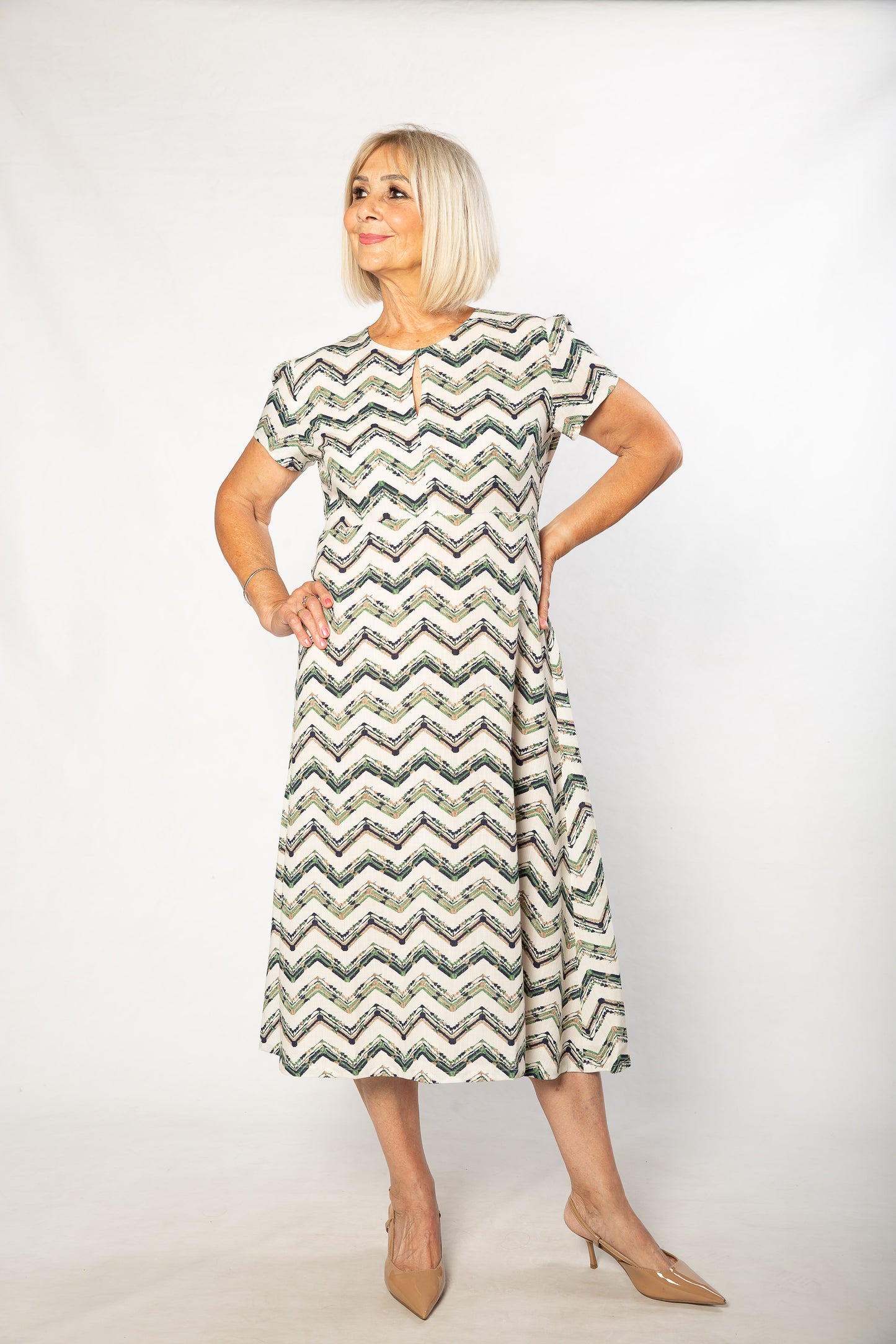 Cotton blend Key-hole zig zag print Dress with short sleeve 7250 Green