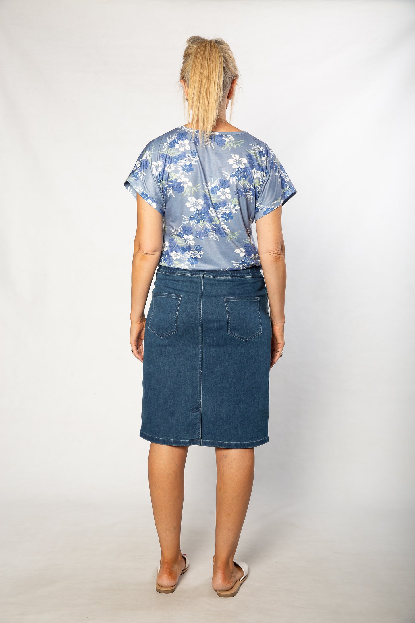 Stretch Cotton Pull-on Denim Skirt with pockets - #4010 Stonewash