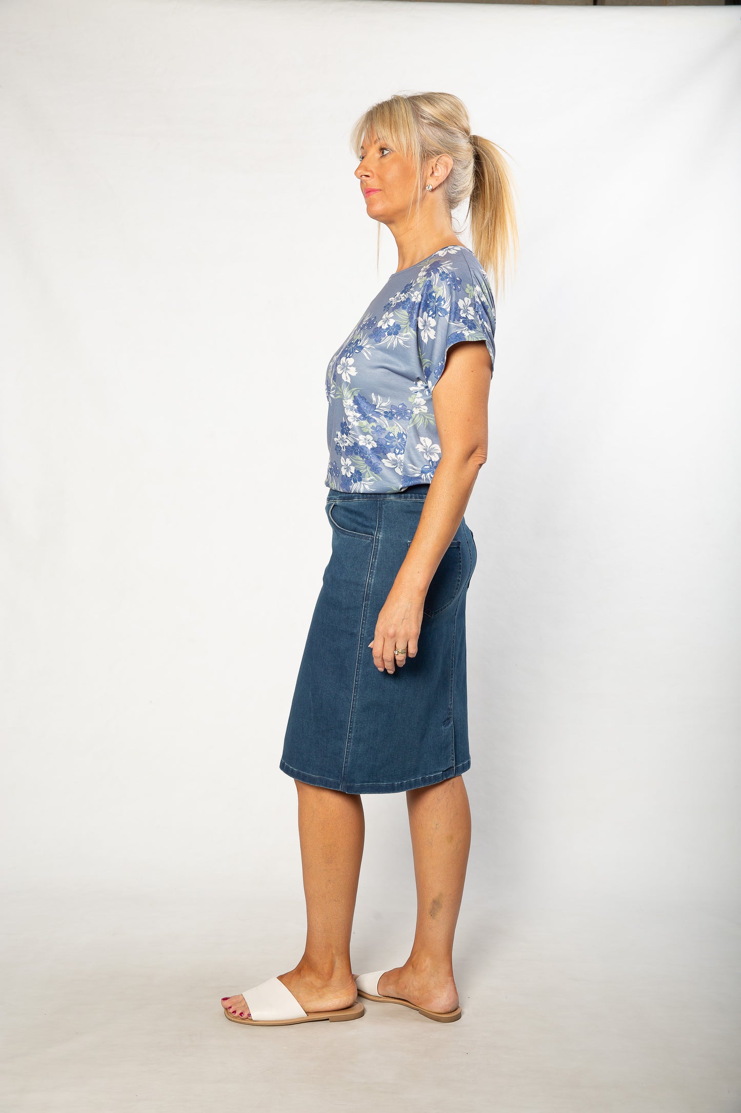 Stretch Cotton Pull-on Denim Skirt with pockets - #4010 Stonewash