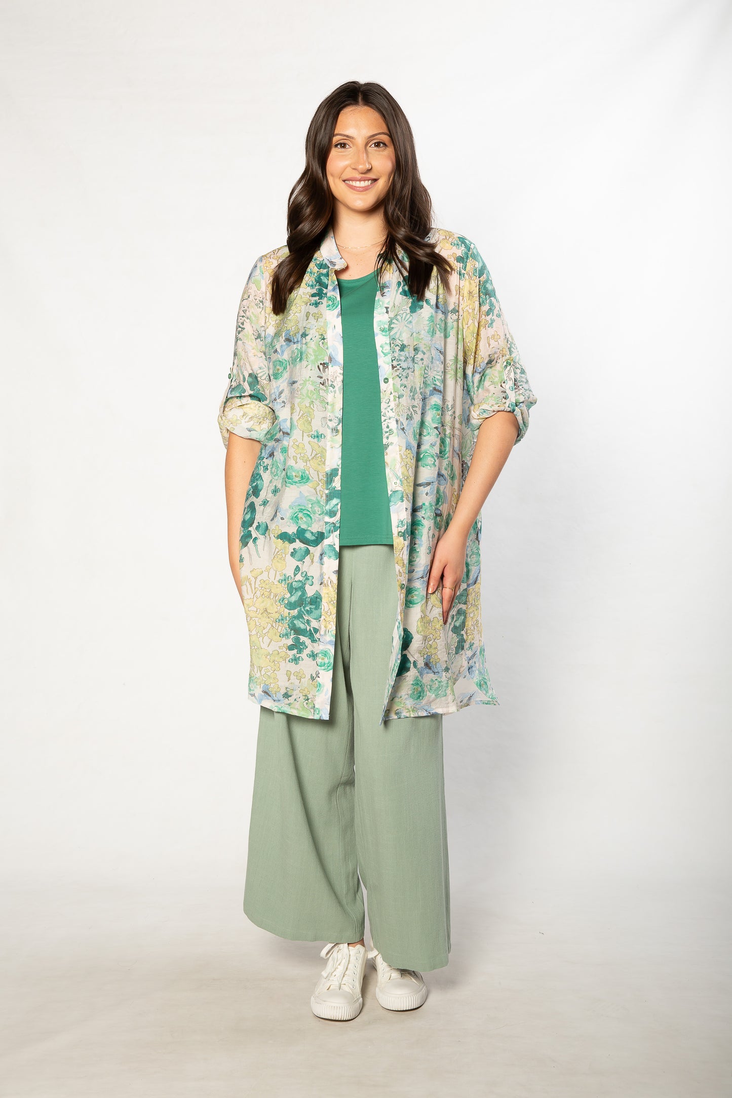 Soft Gorgeous Floral print Tab Sleeve Overshirt #3559 Green