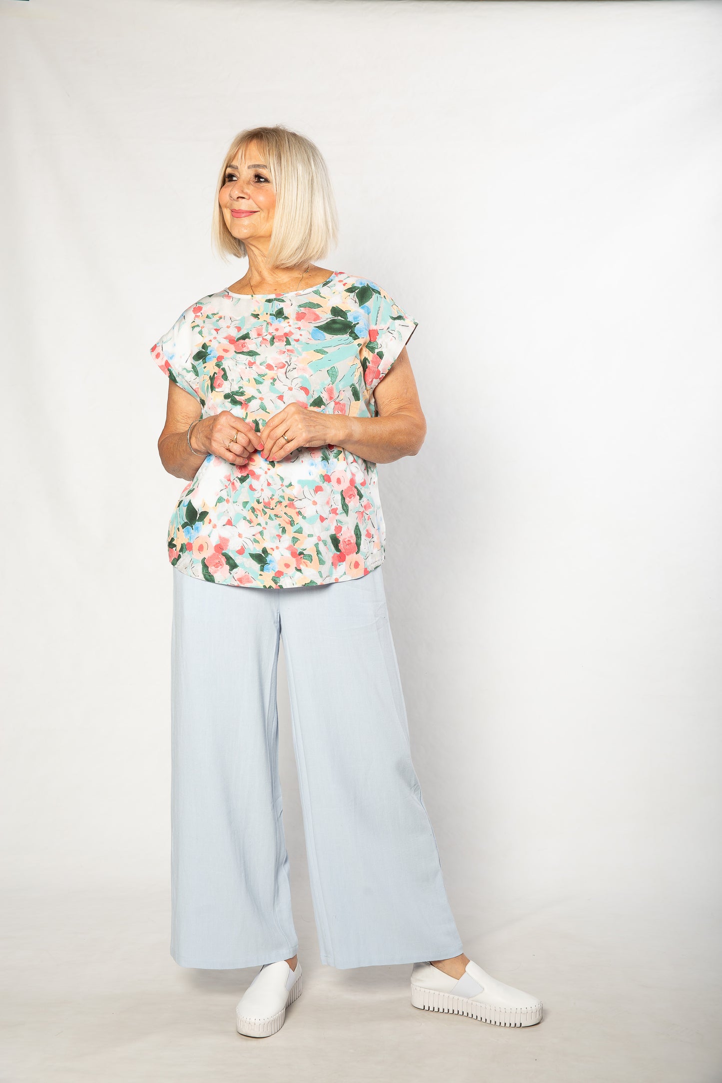 Spring Bouquet Print Extended Shoulder Top - #402