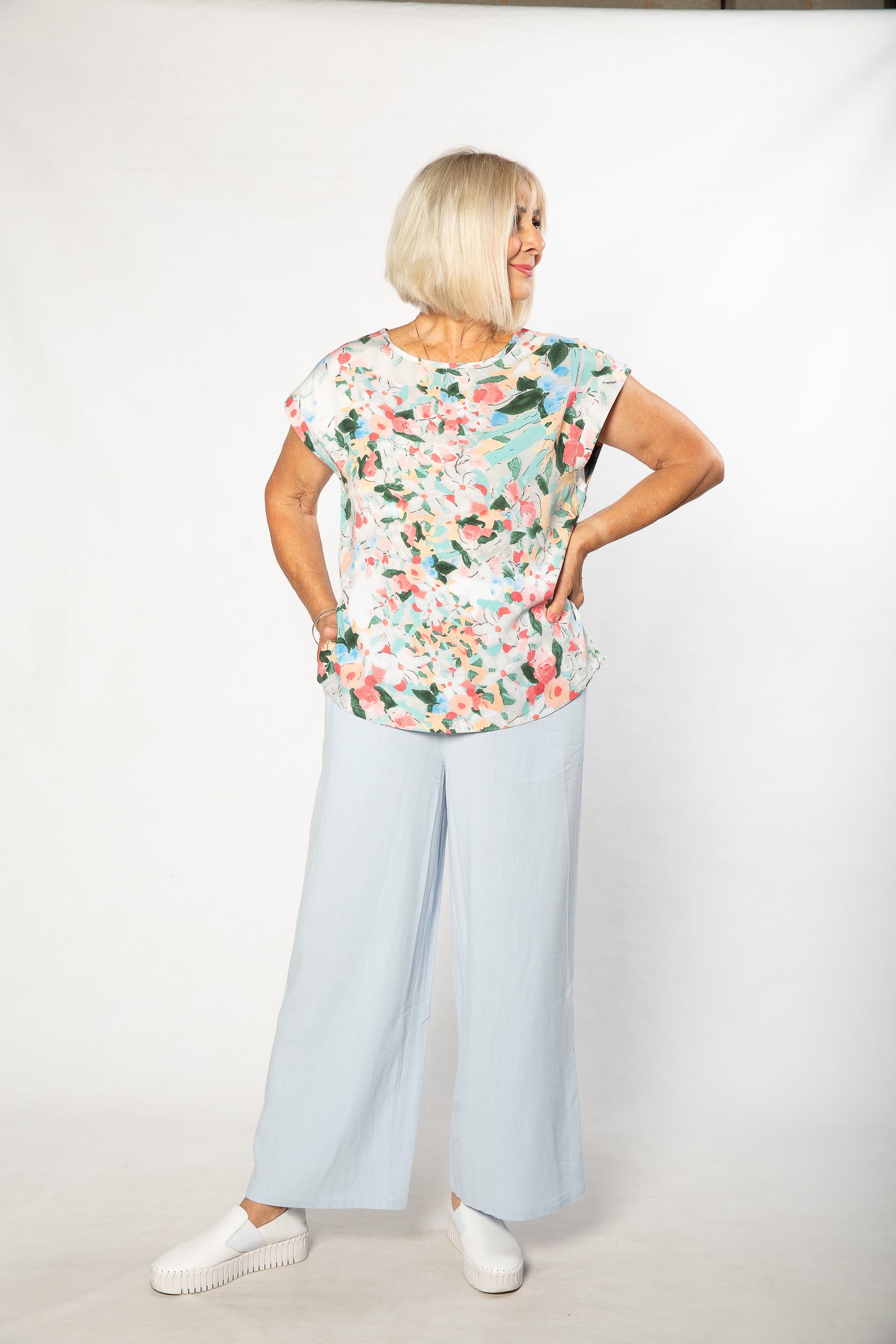 Spring Bouquet Print Extended Shoulder Top - #402