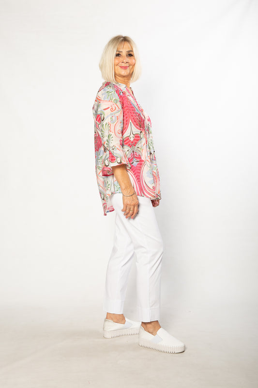 Bell Cuff Floral Print 3/4 sleeve Shirt #3781 Cherry
