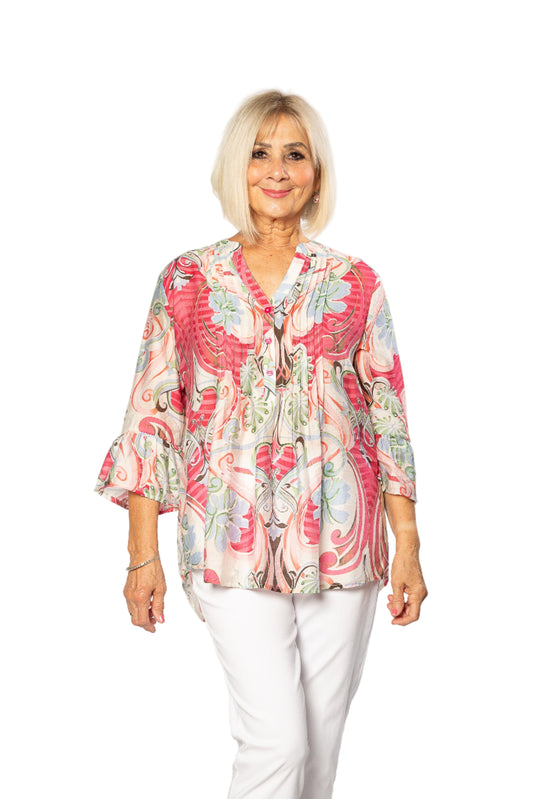 Bell Cuff Floral Print 3/4 sleeve Shirt #3781 Cherry