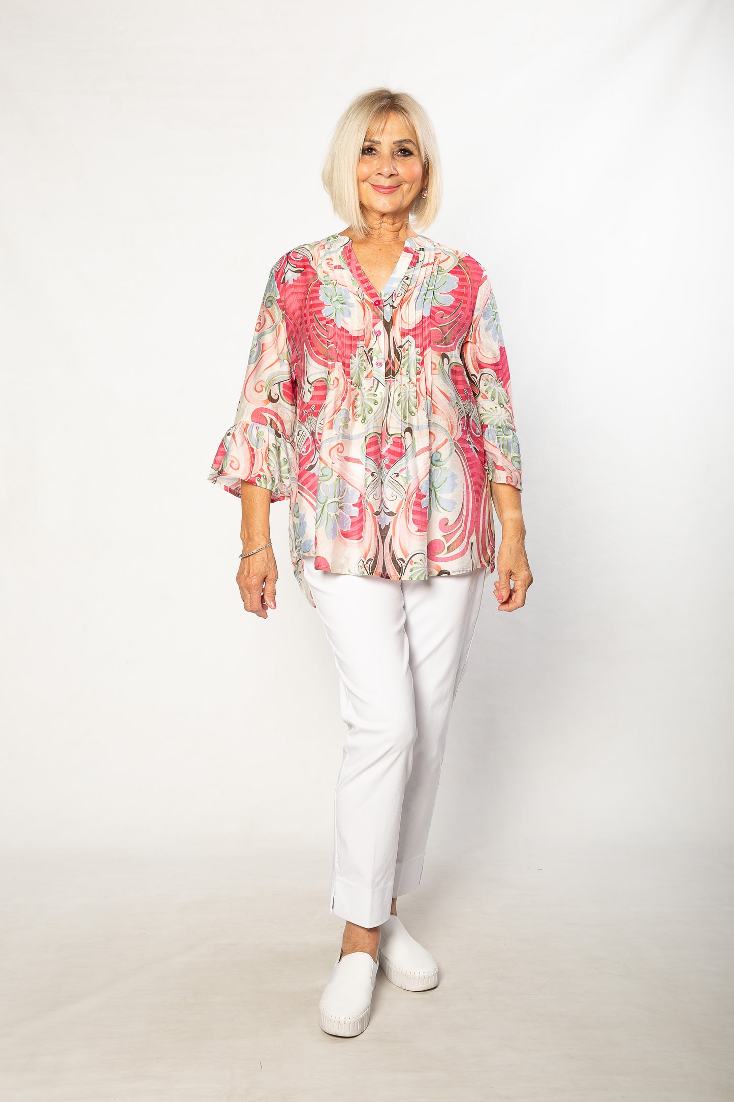 Bell Cuff Floral Print 3/4 sleeve Shirt #3781 Cherry
