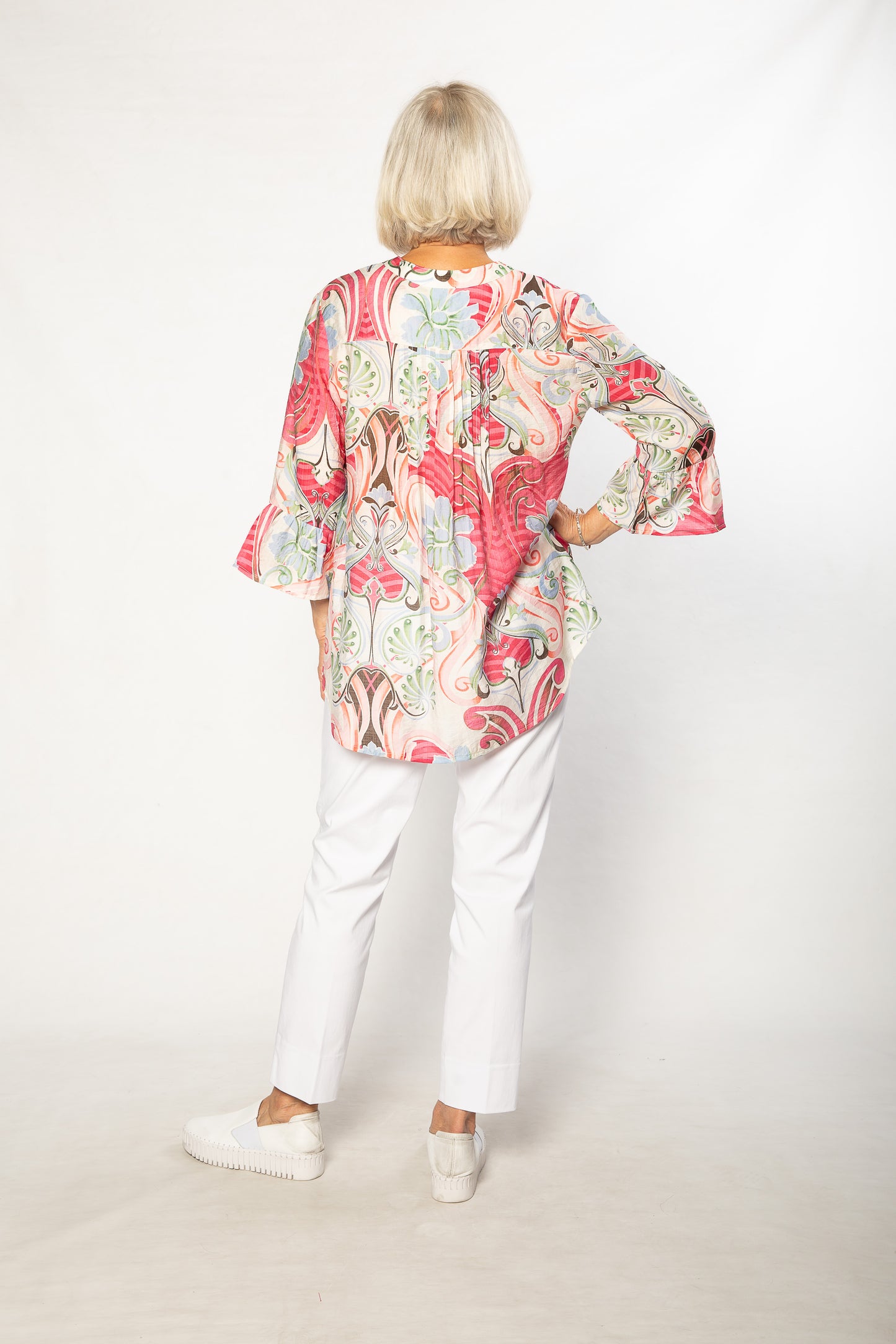 Bell Cuff Floral Print 3/4 sleeve Shirt #3781 Cherry