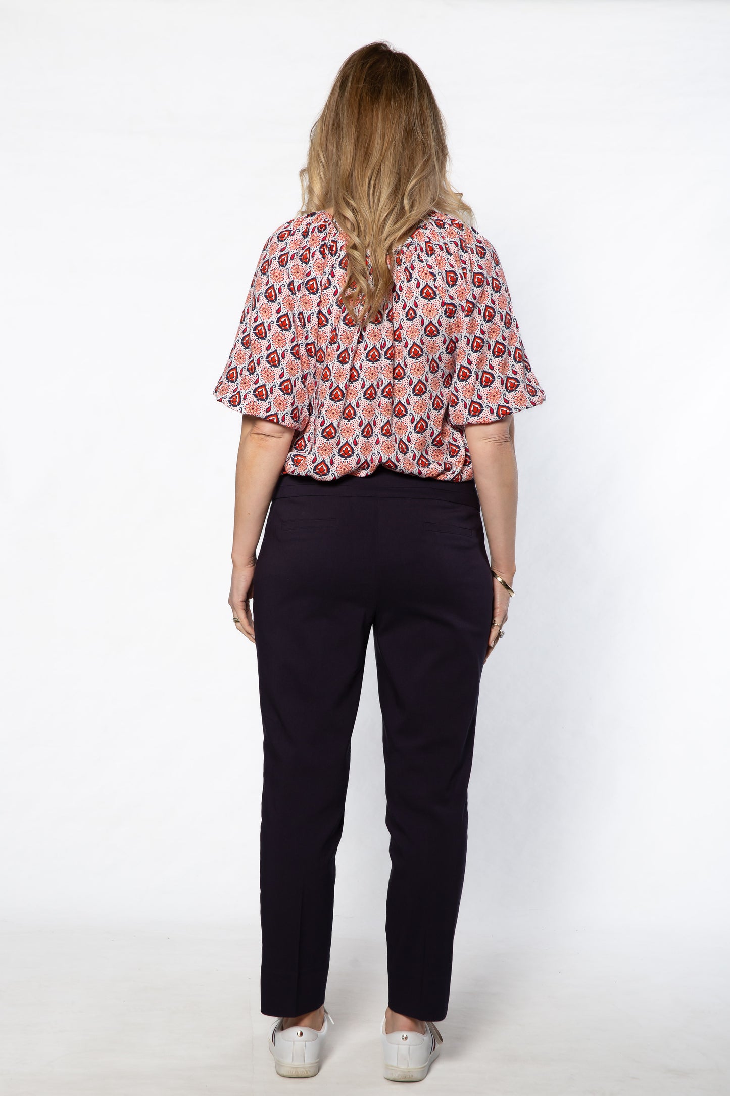 Raglan sleeve round neck print top with tie front opening 583 Multi