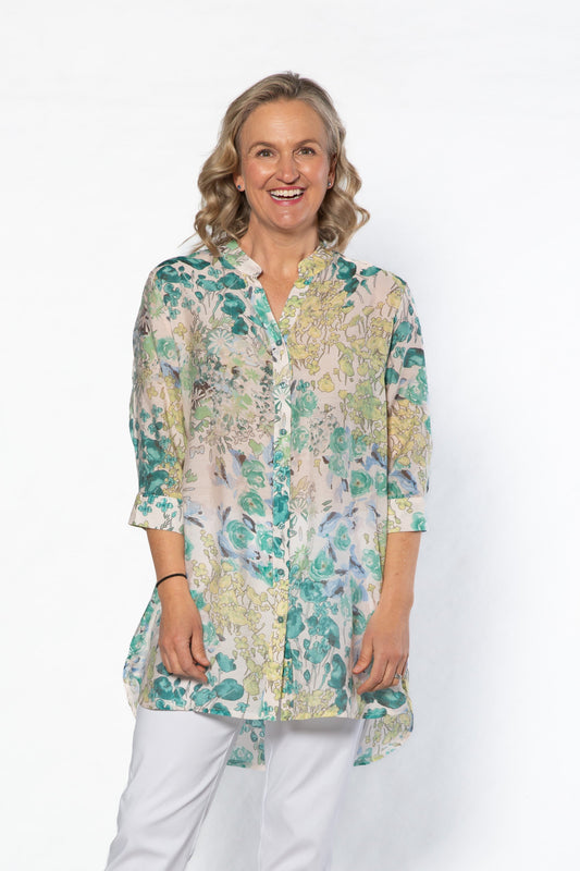 Soft Gorgeous Floral print Tab Sleeve Overshirt #3559 Green