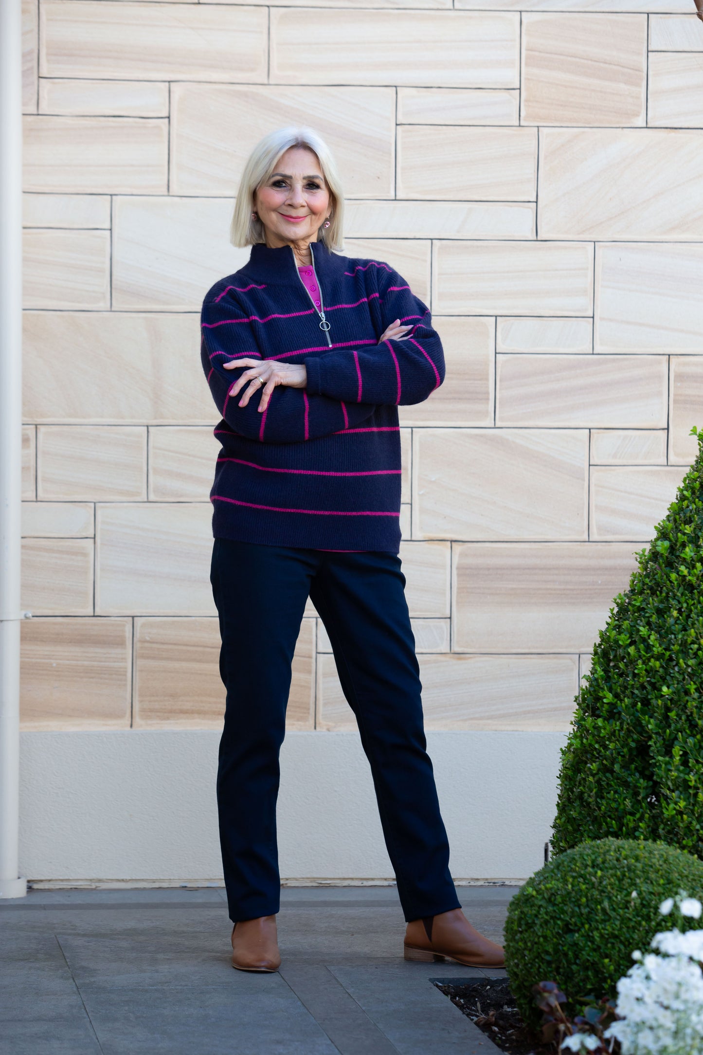 Stripe Soft Knit Ribbed Zip Neck Opening #5320 Black/White