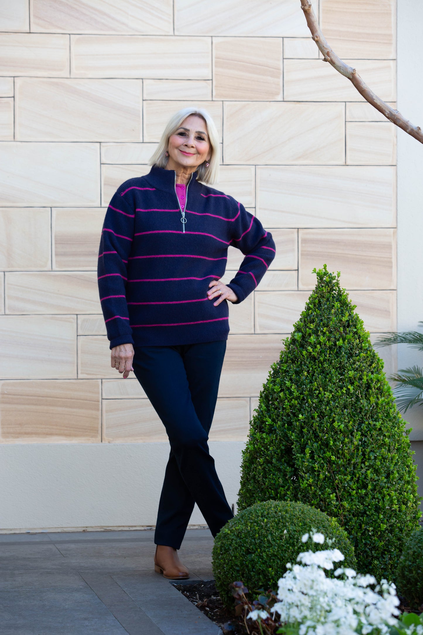 Stripe Soft Knit Ribbed Zip Neck Opening #5320 Black/White