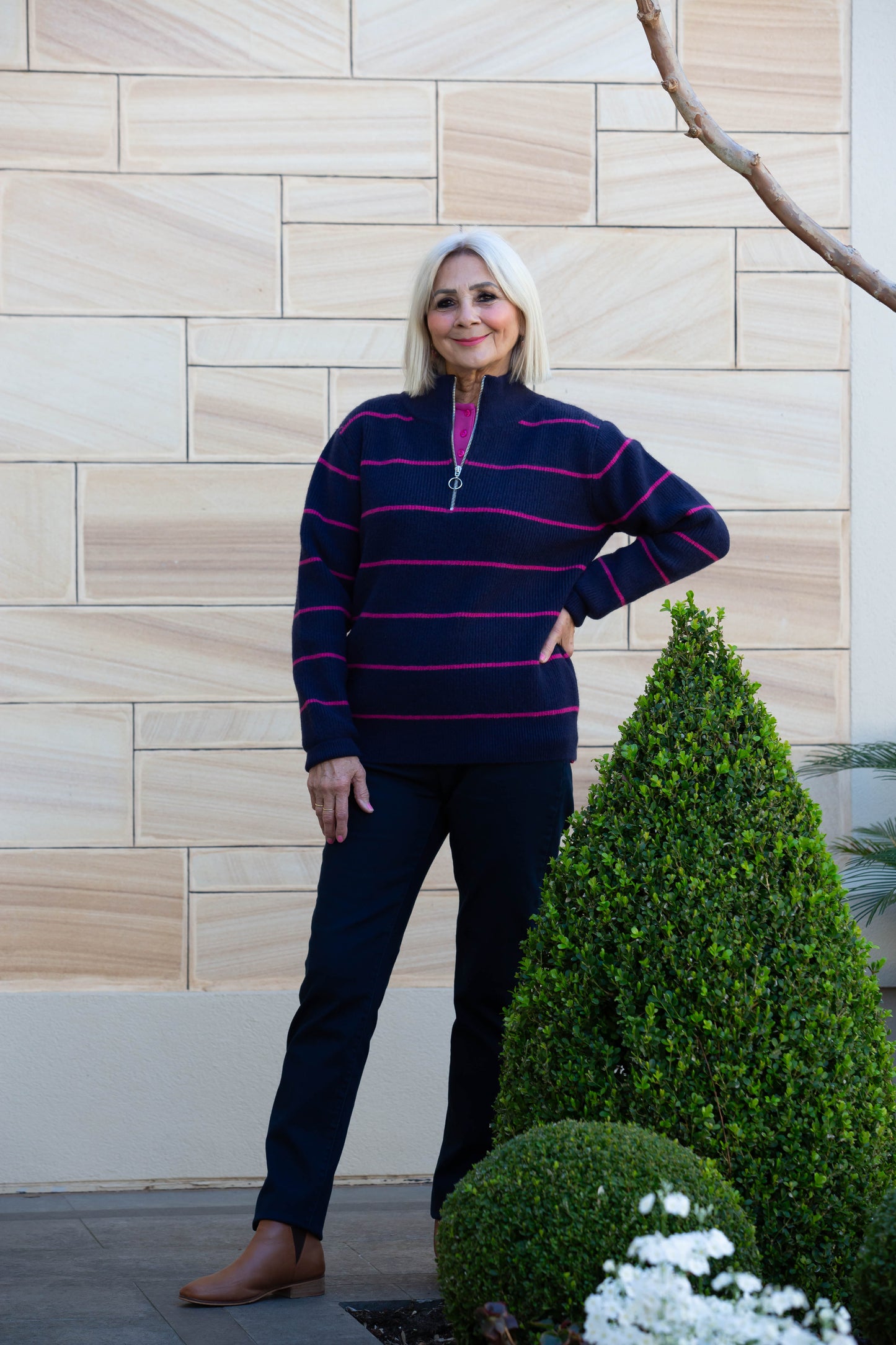 Stripe Soft Knit Ribbed Zip Neck Opening #5320 Black/White