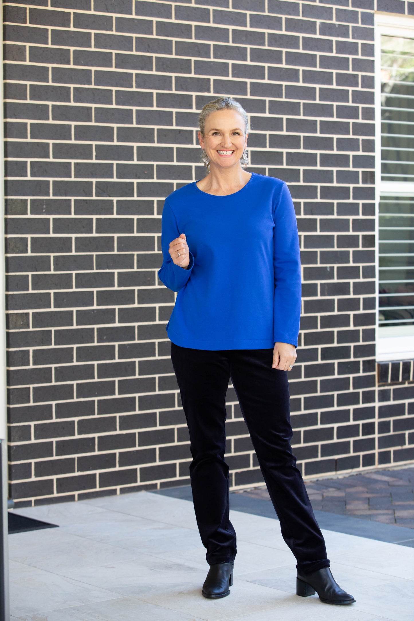 Long sleeve stretch cotton round neck top - #108 Blue