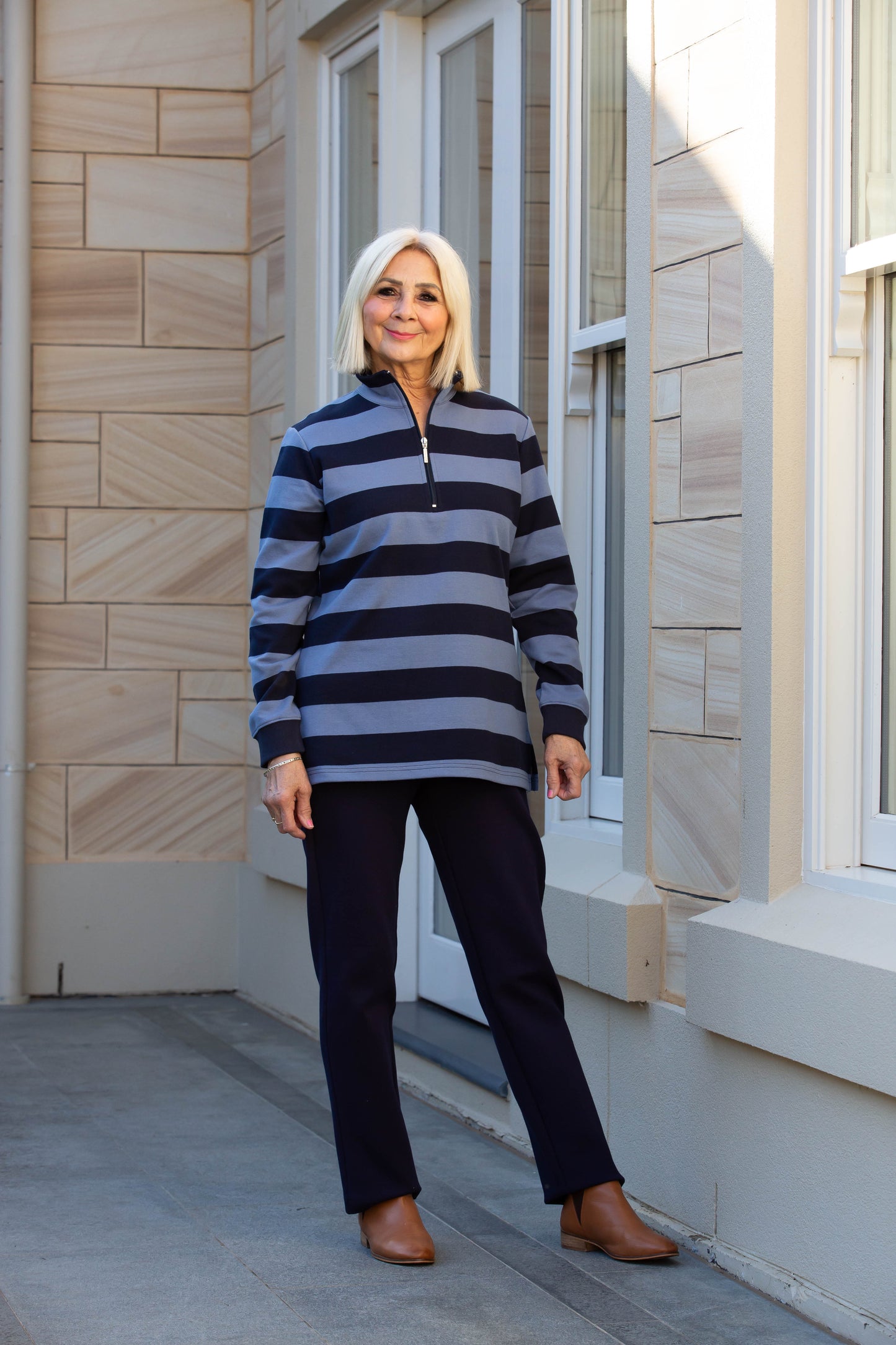Stripe cotton rugby with half zip open style #1057 Navy/Blue