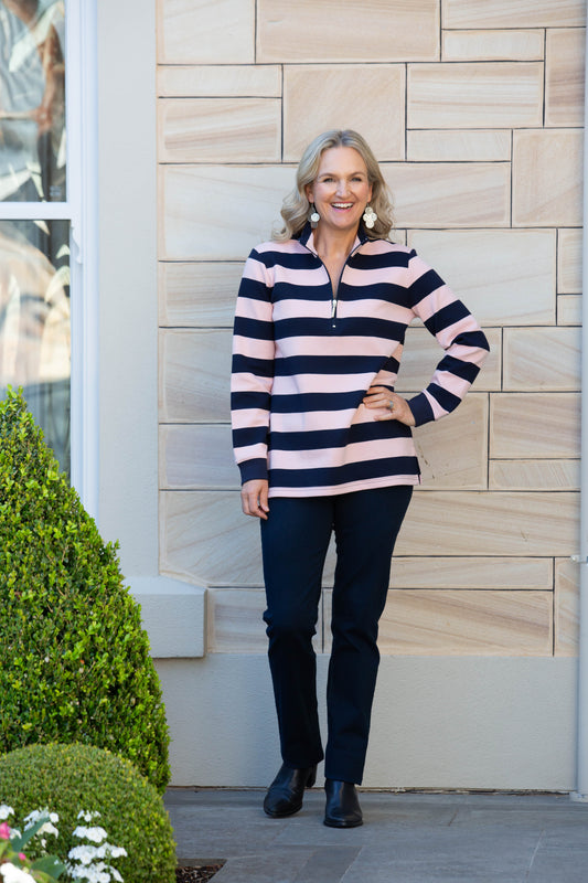 Stripe cotton rugby half zip open style #1057 Navy/Pink