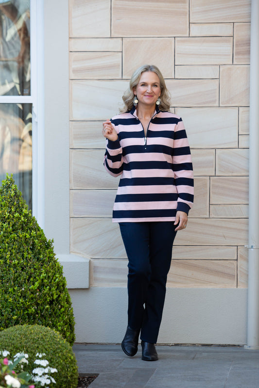 Stripe cotton rugby half zip open style #1057 Navy/Pink