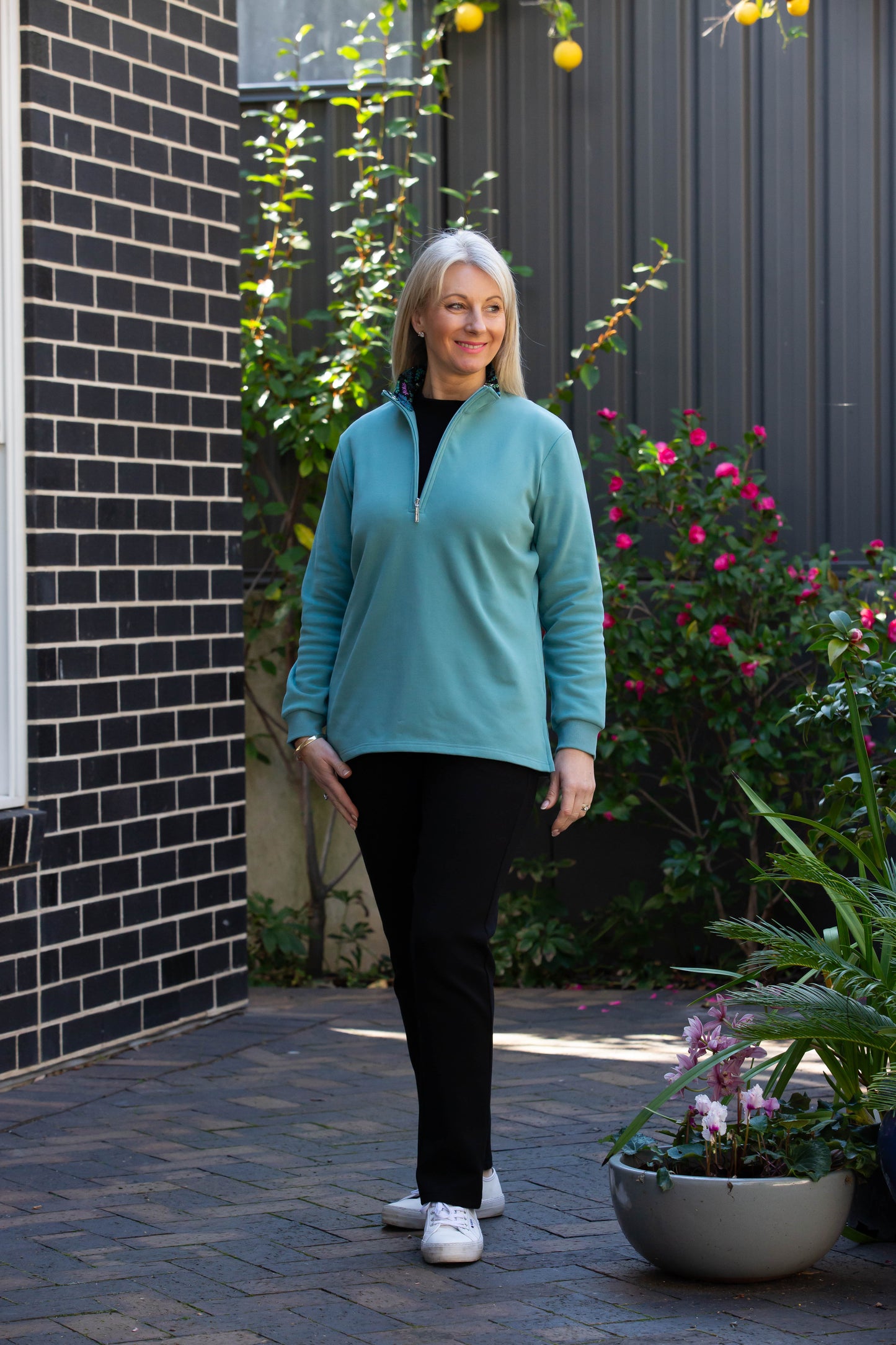 Half zip stretch cotton rugby with contrast print trim in collar #1204 Turquoise