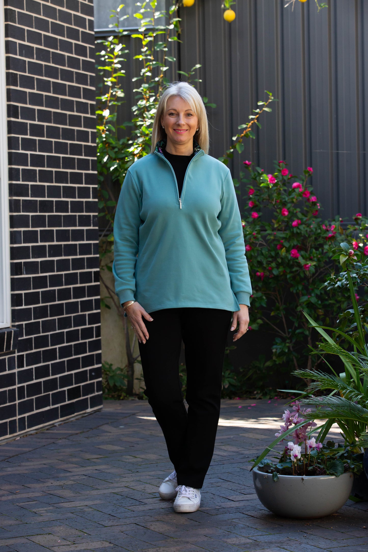 Half zip stretch cotton rugby with contrast print trim in collar #1204 Turquoise