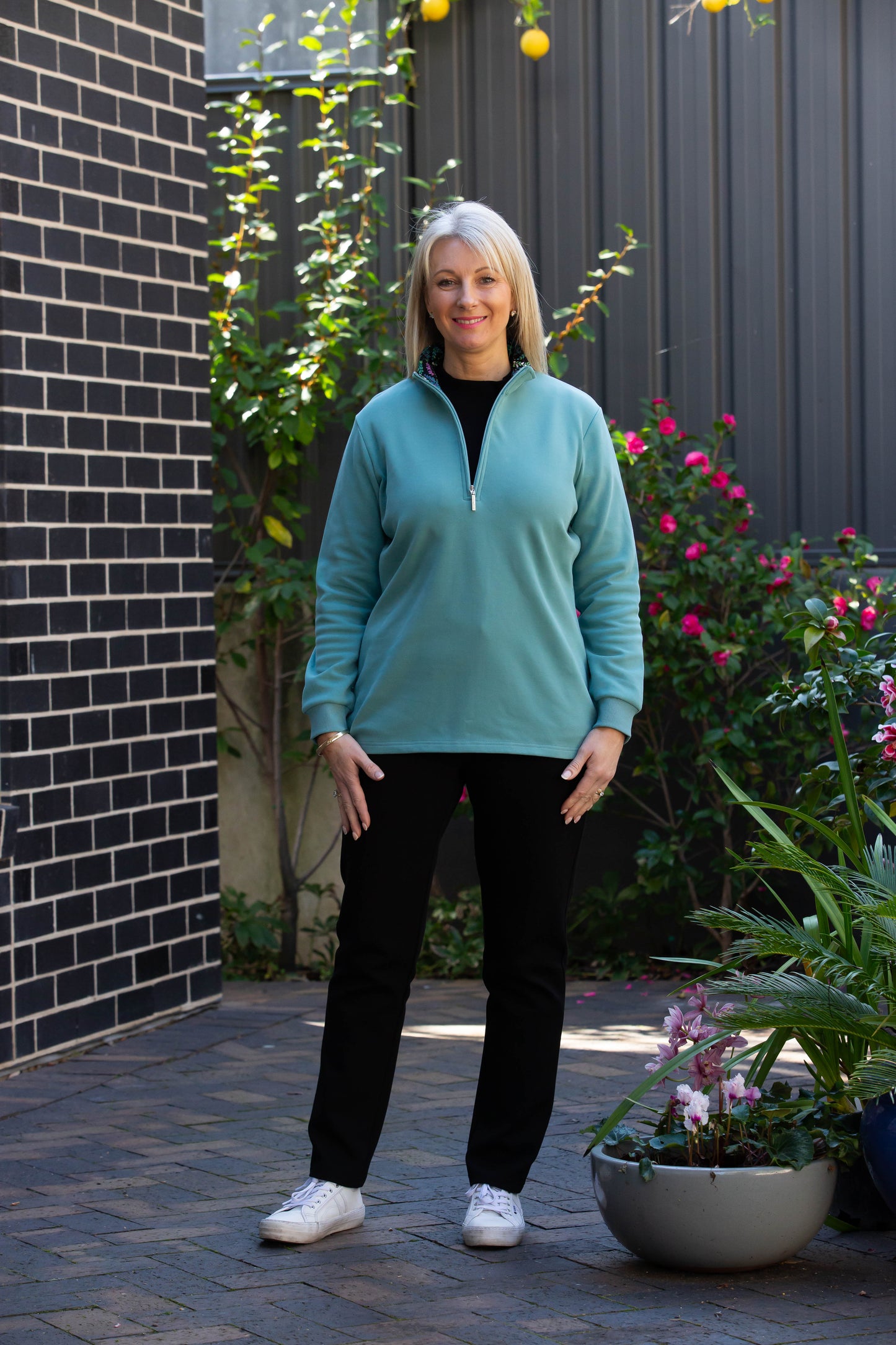 Half zip stretch cotton rugby with contrast print trim in collar #1204 Turquoise
