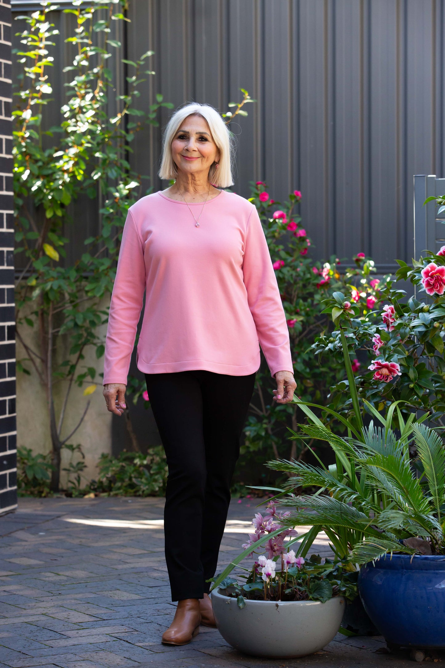 Long sleeve stretch cotton crew neck top #108 Pink