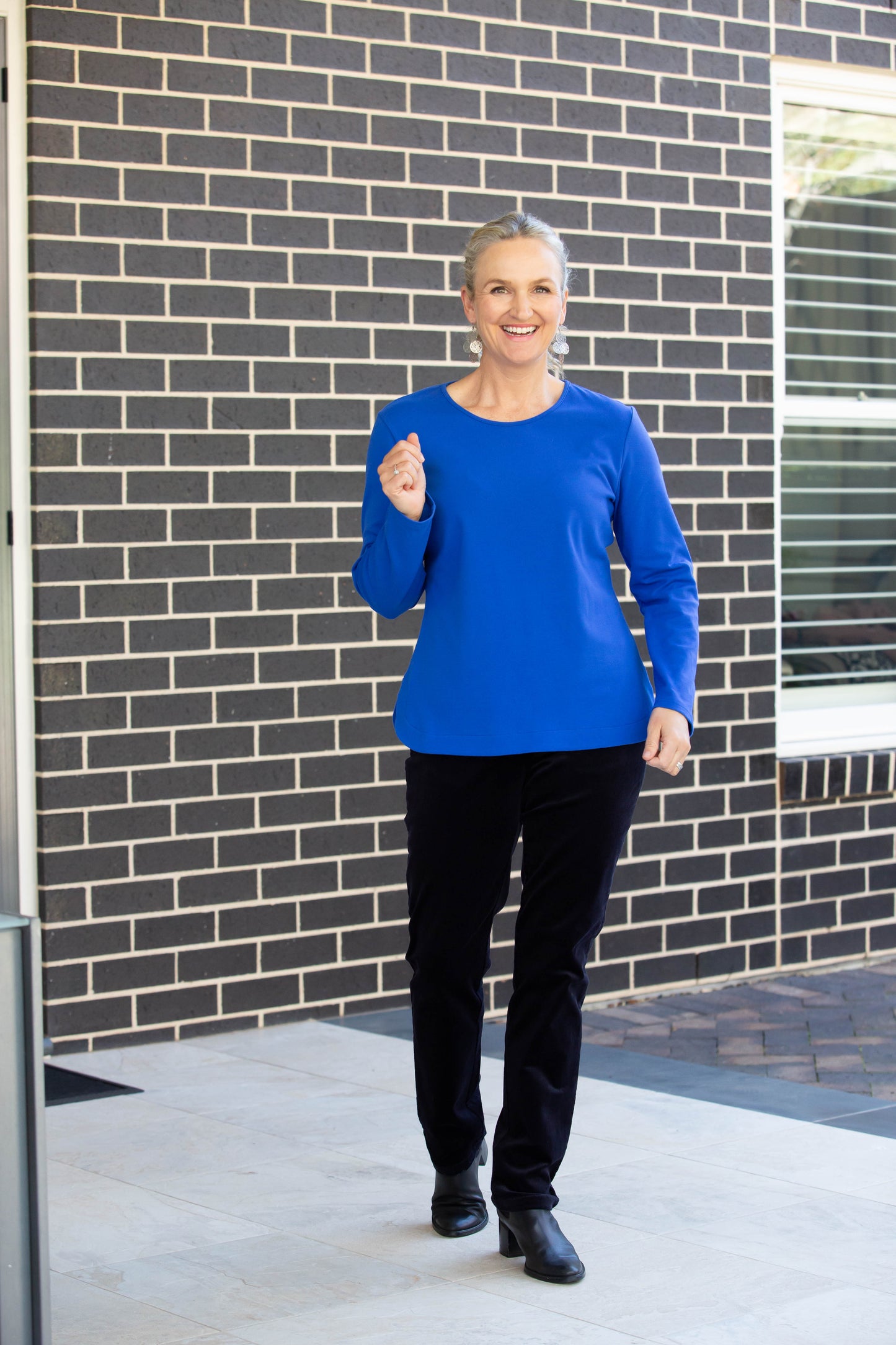 Long sleeve stretch cotton round neck top - #108 Blue