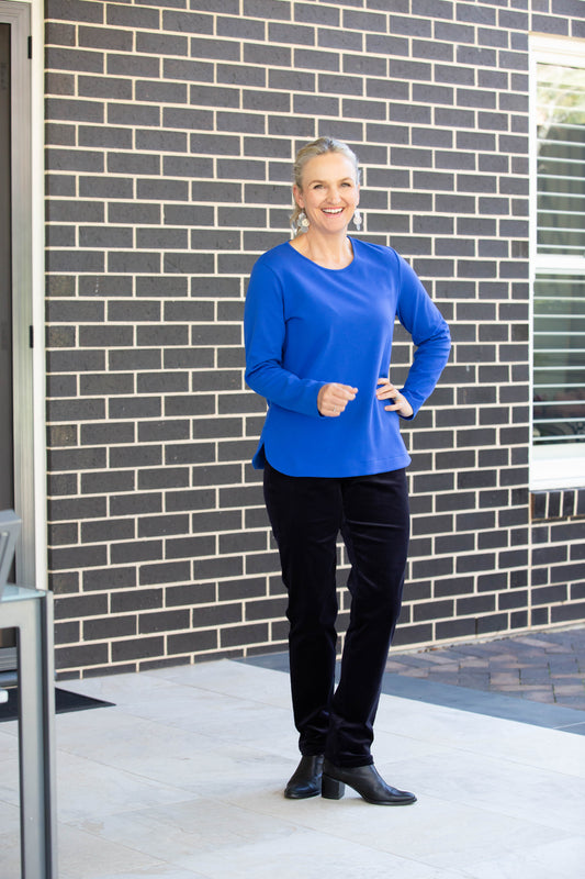 Long sleeve stretch cotton round neck top - #108 Blue