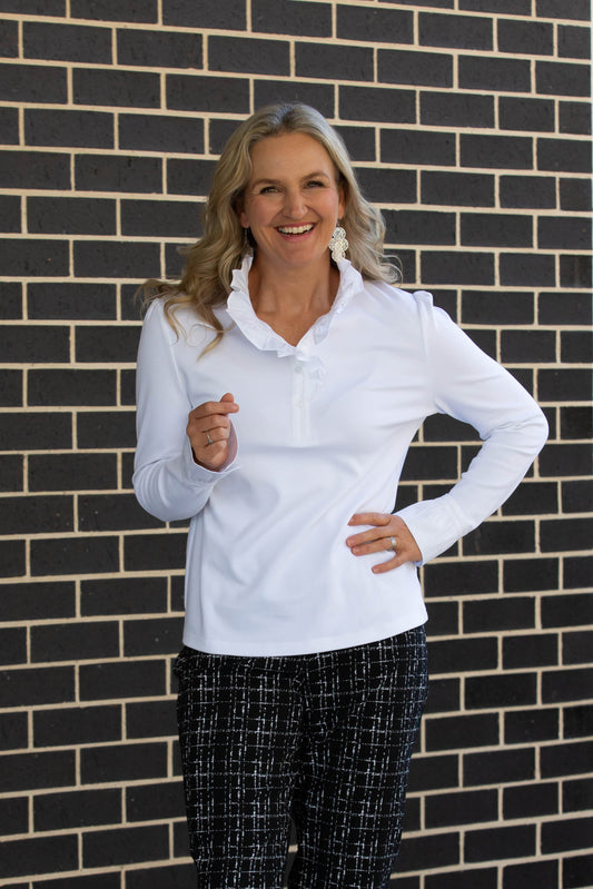 Jersey Knit Top with Ruffle Trim Collar #156 - White