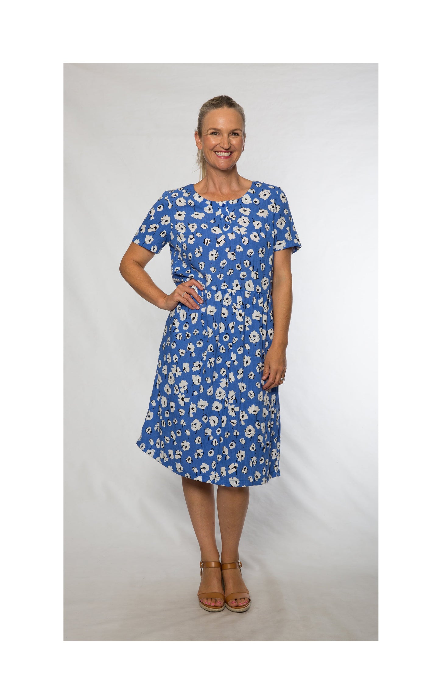 Short sleeve print dress with side seam pockets #7507 Blue