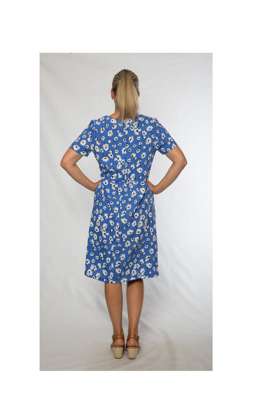 Short sleeve print dress with side seam pockets #7507 Blue