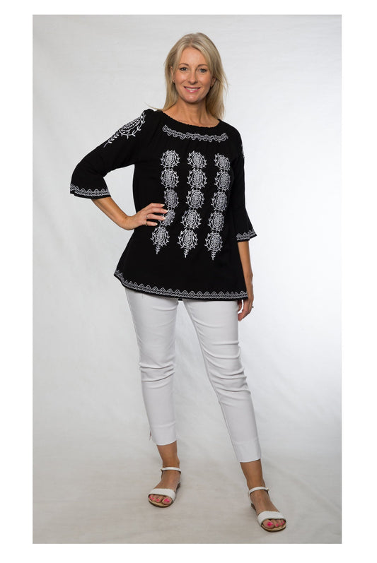 Bell sleeve cotton/viscose smocked round neck embroidered tunic #522 Black