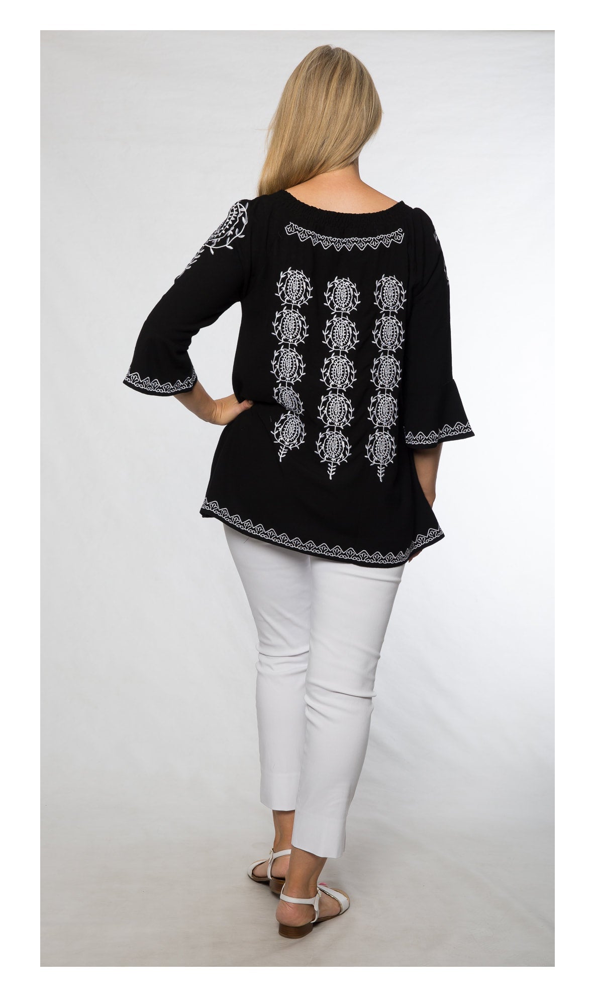 Bell sleeve cotton/viscose smocked round neck embroidered tunic #522 Black