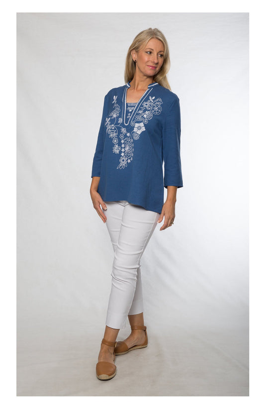 3/4 sleeve embroidered v-neck tunic cotton/viscose #579 Blue