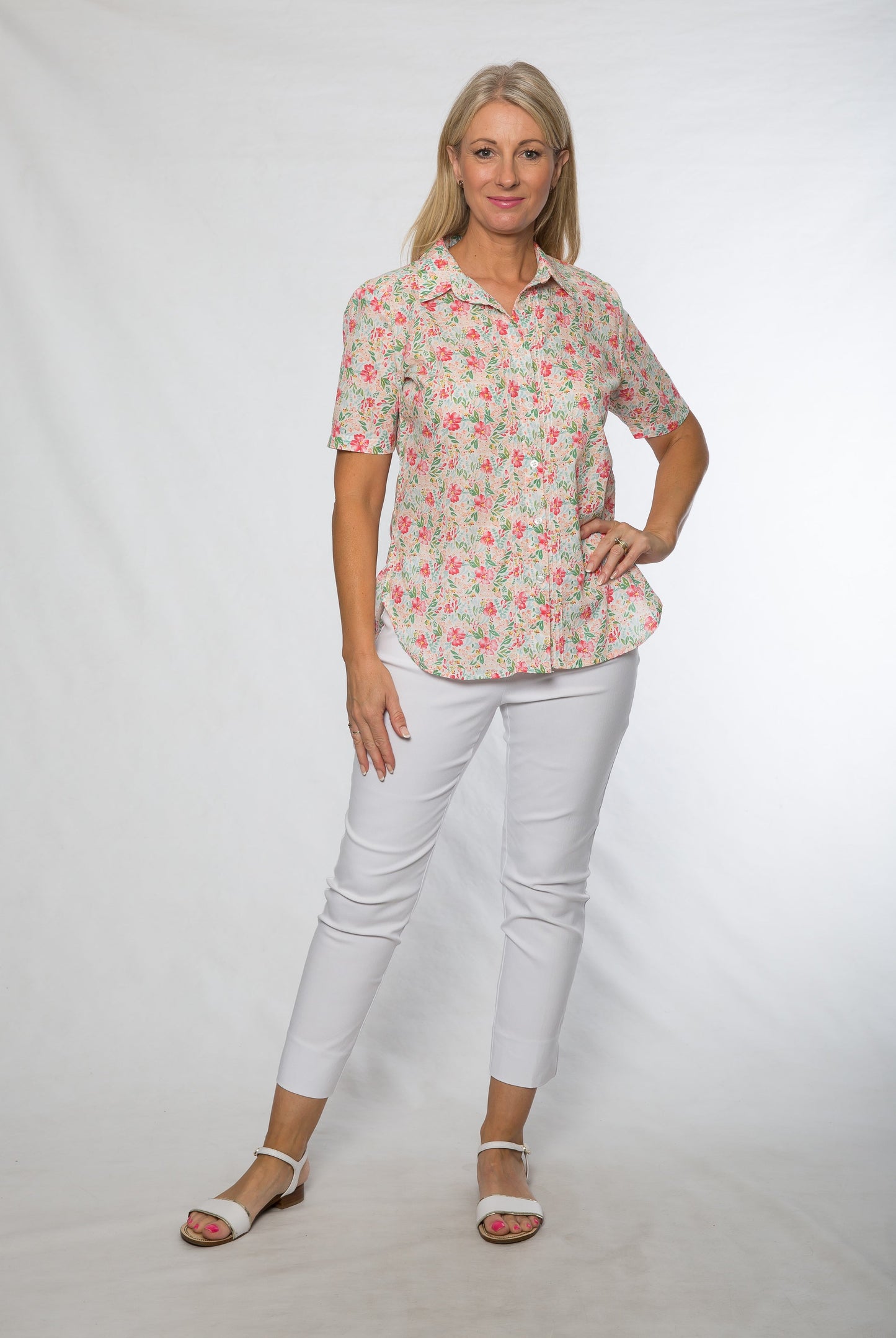 Short sleeve cotton print shirt with pleats #3014 Pink