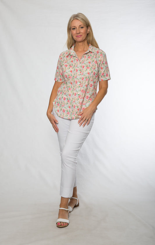 Short sleeve cotton print shirt with pleats #3014 Pink
