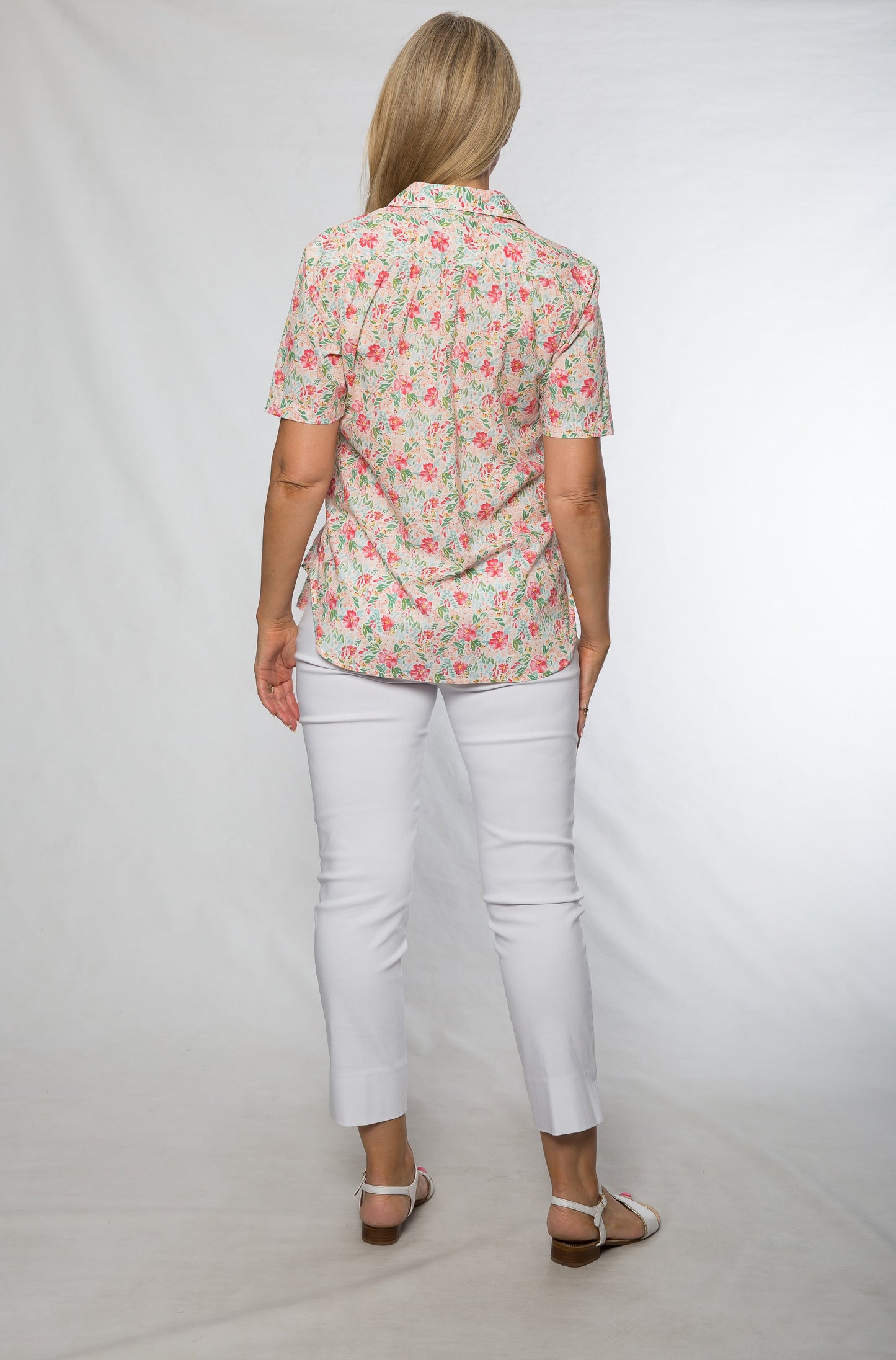 Short sleeve cotton print shirt with pleats #3014 Pink