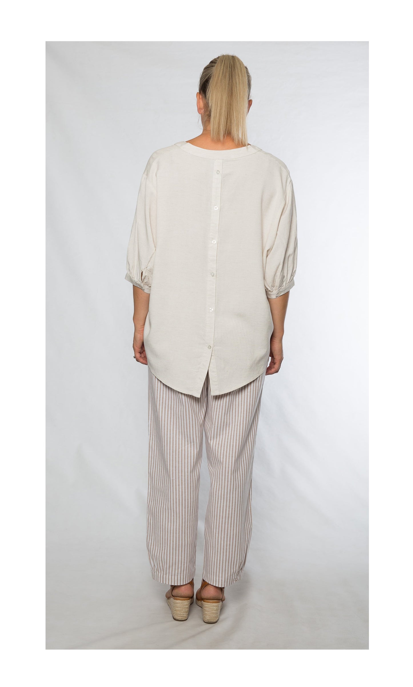 1/2 sleeve button up mandarin collar linen cotton shirt with decorative button back #3139 Natural