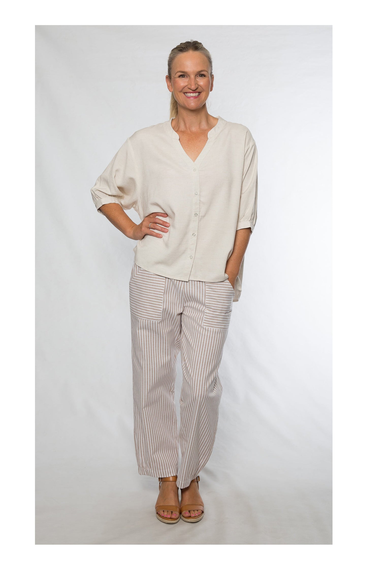 1/2 sleeve button up mandarin collar linen cotton shirt with decorative button back #3139 Natural