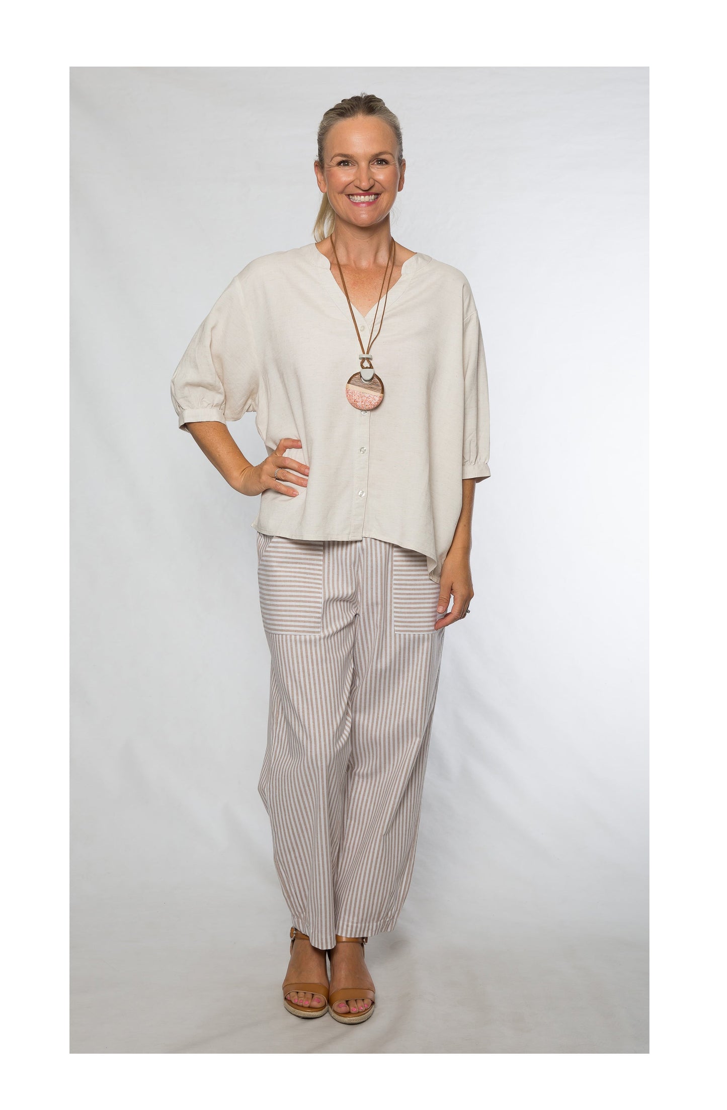 1/2 sleeve button up mandarin collar linen cotton shirt with decorative button back #3139 Natural