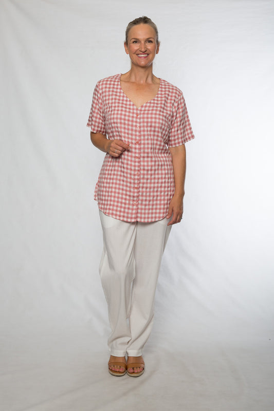 Short sleeve rayon check shirt #3881 Rose