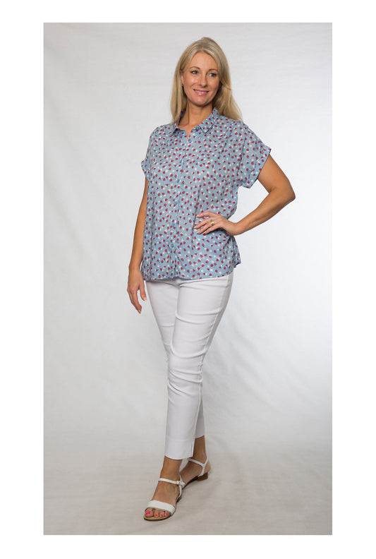 Cap sleeve rayon print shirt #3607 Blue