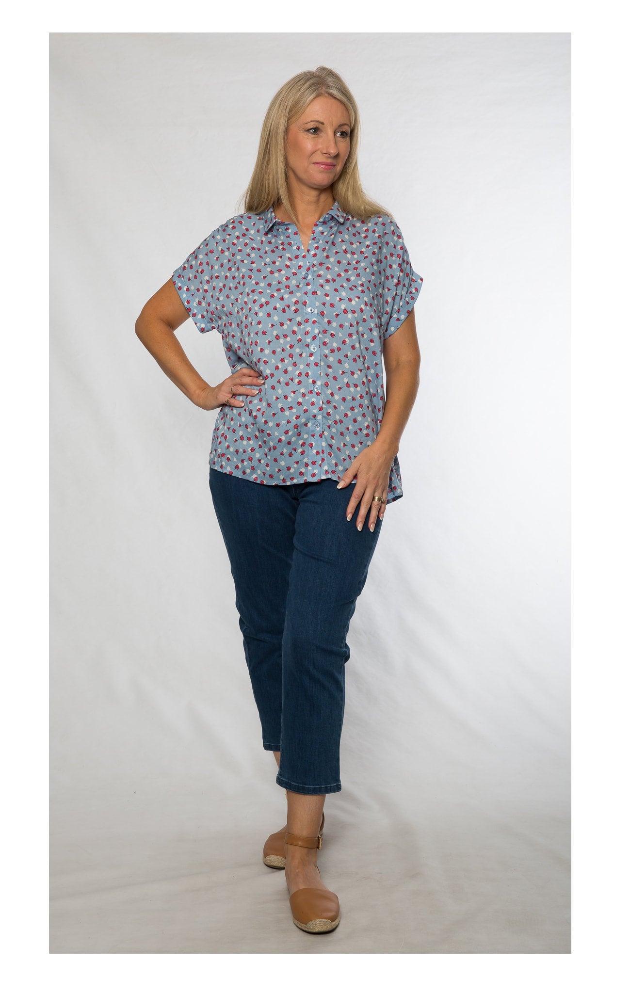 Cap sleeve rayon print shirt #3607 Blue
