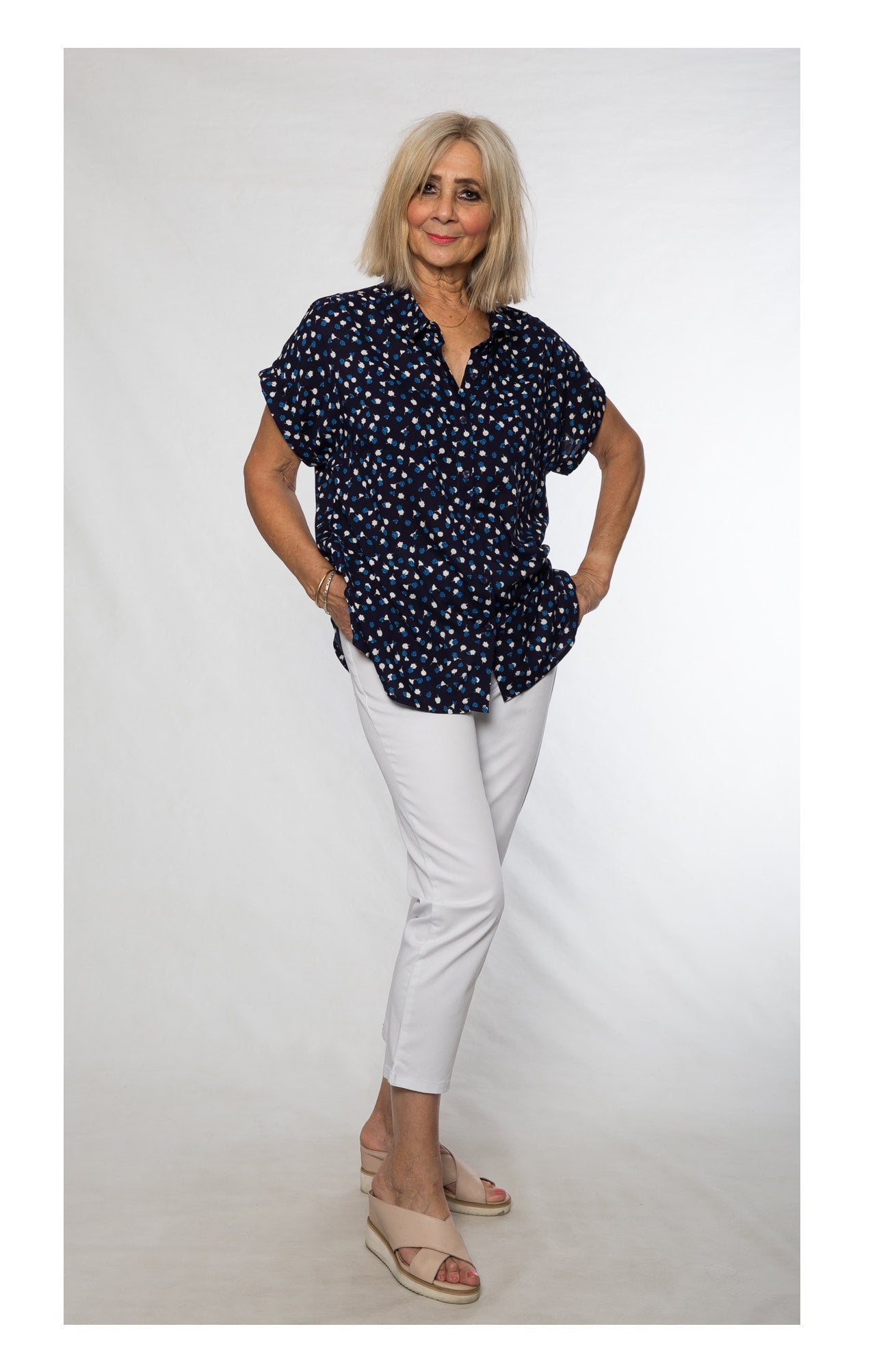 Cap sleeve rayon print shirt #3607 Navy