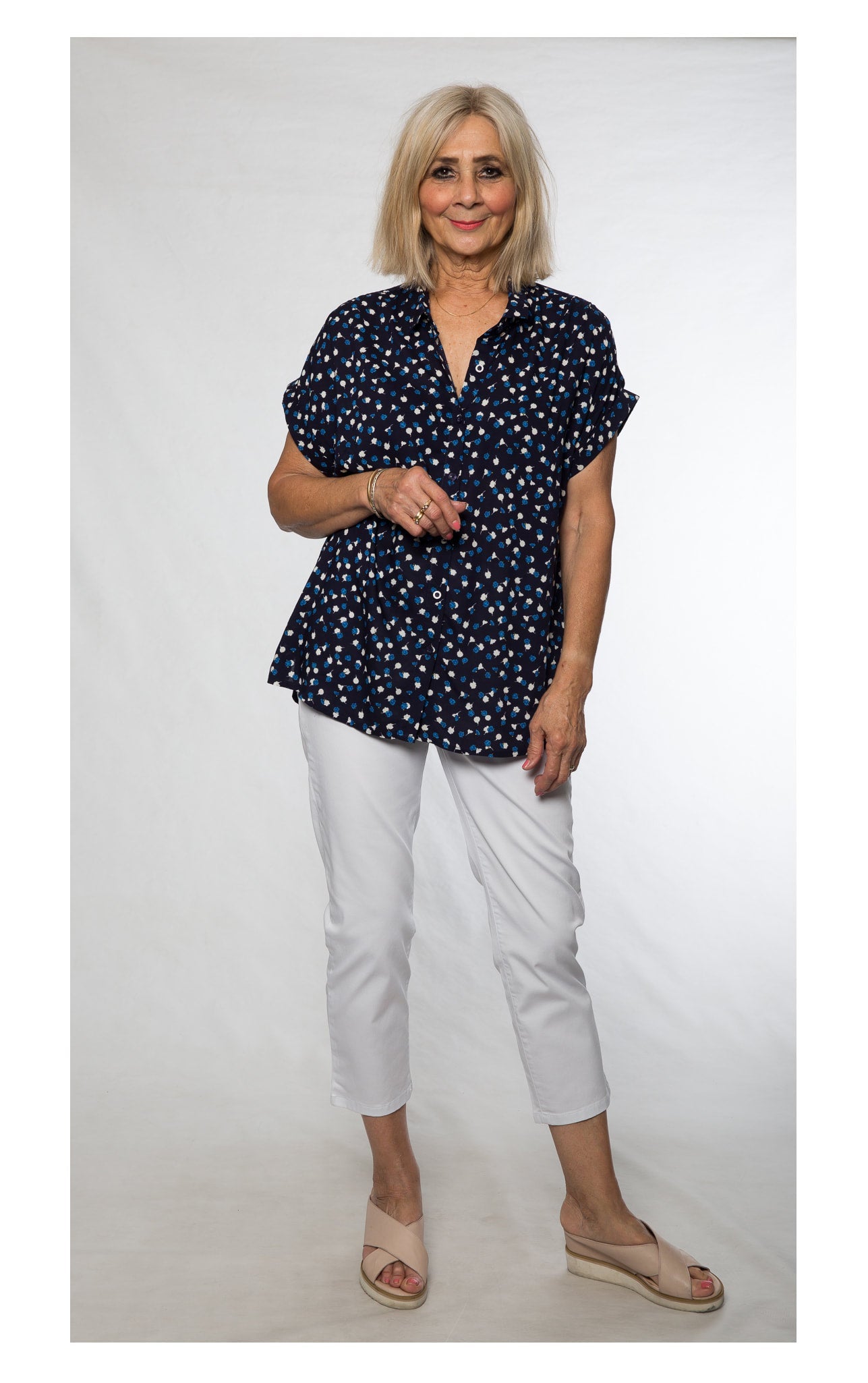 Cap sleeve rayon print shirt #3607 Navy