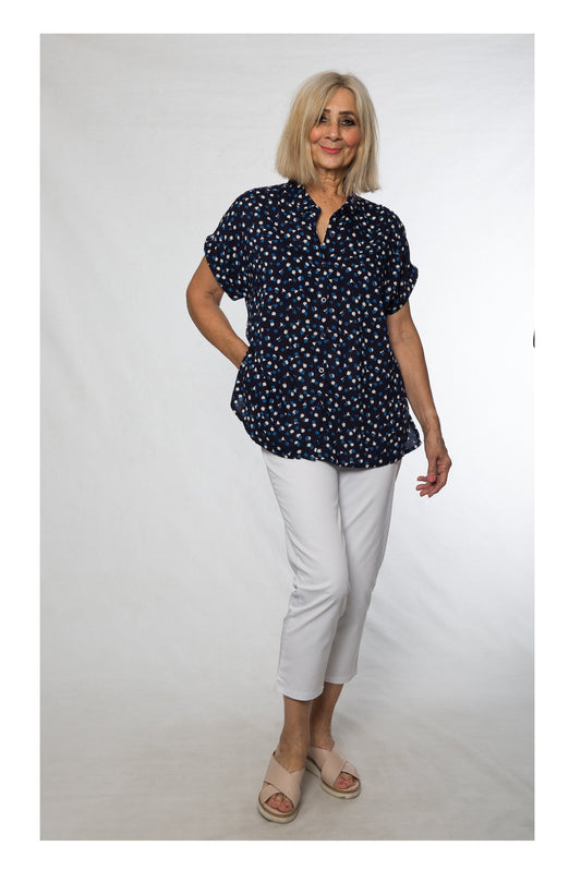 Cap sleeve rayon print shirt #3607 Navy