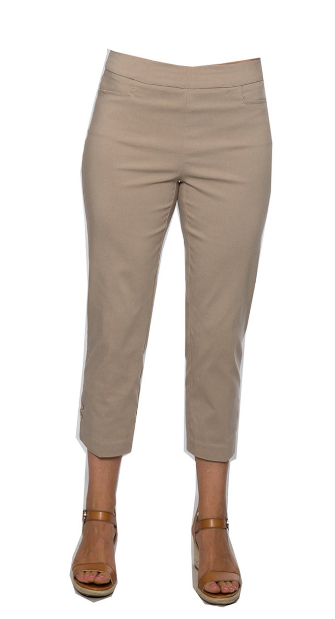 Stretch bengaline crop pant with Tie and eyelet detail on hemline #6718 Sand