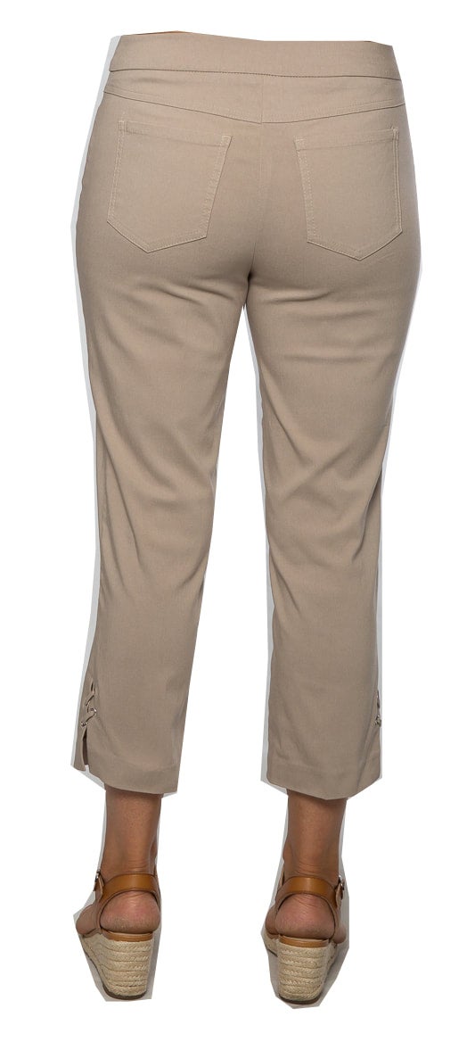 Stretch bengaline crop pant with Tie and eyelet detail on hemline #6718 Sand