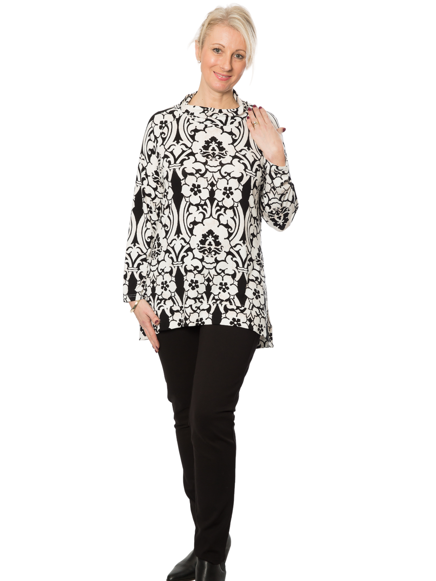 Roll neck long sleeve A-line print tunic - #322 Black/White
