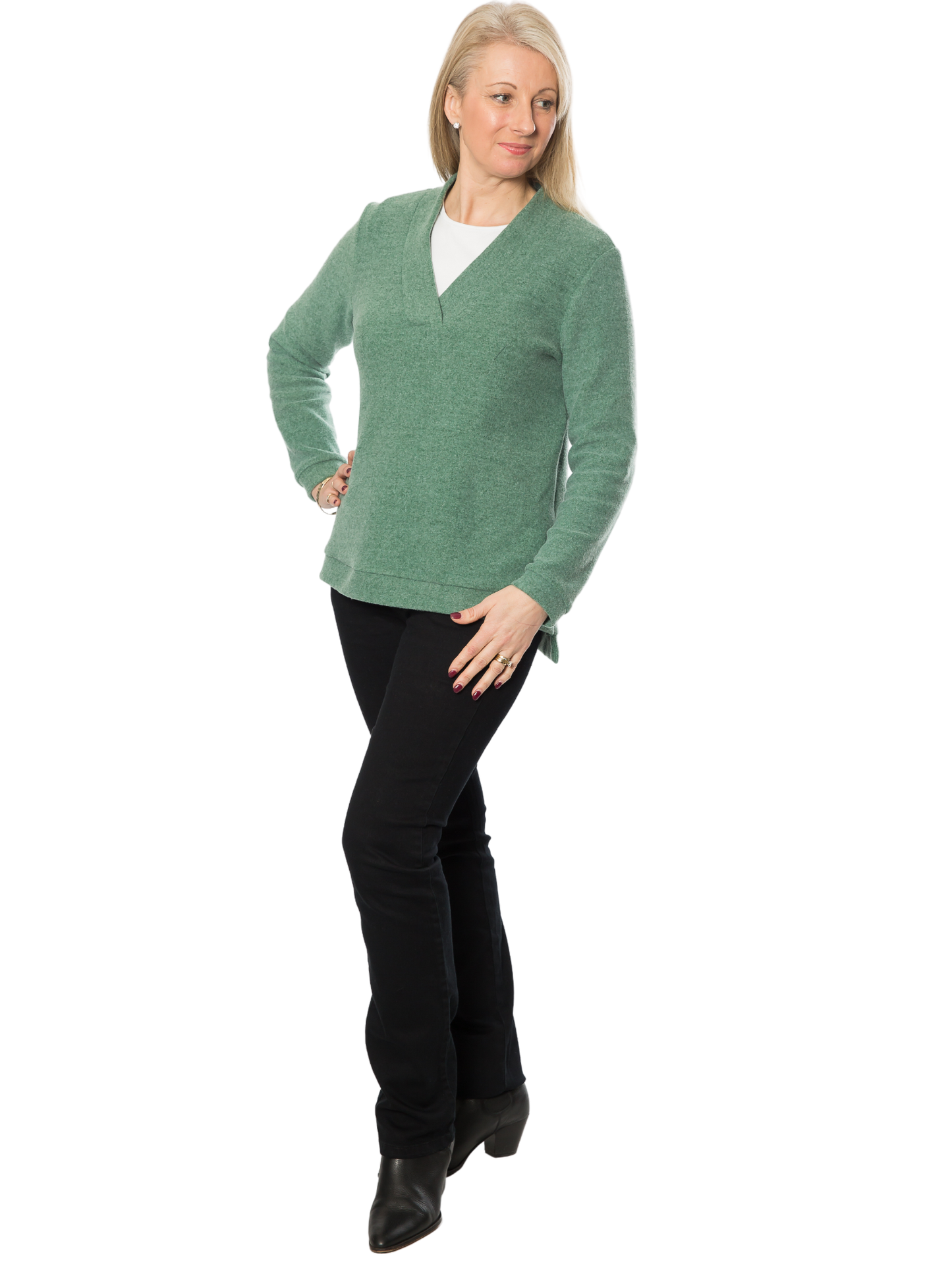 V-Neck A-line Knit sweater - #590 Green
