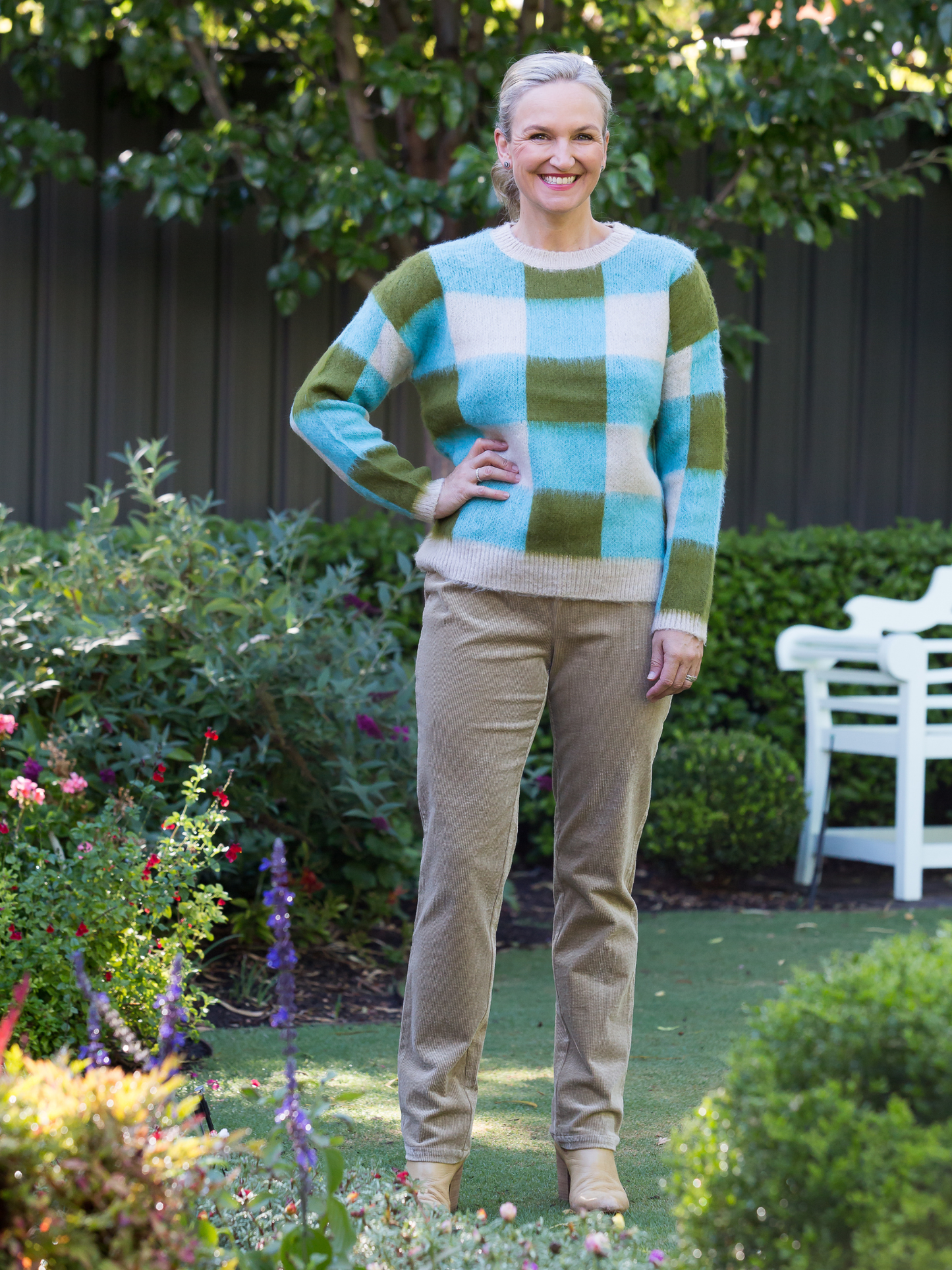 Soft Round Neck Check knit sweater #5843 Blue